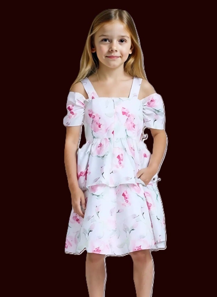 Spanish dress, a set for girls, Spanish design, with a soft pink and green floral hairband, layers with off-the-shoulder sleeves and a strap, in bright colors for Eid, special occasions and National Day set Two pieces  - Image 2