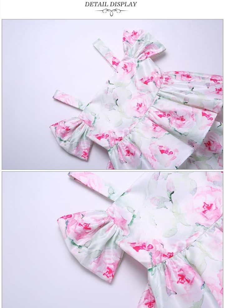 Spanish dress, a set for girls, Spanish design, with a soft pink and green floral hairband, layers with off-the-shoulder sleeves and a strap, in bright colors for Eid, special occasions and National Day set Two pieces  - Image 3