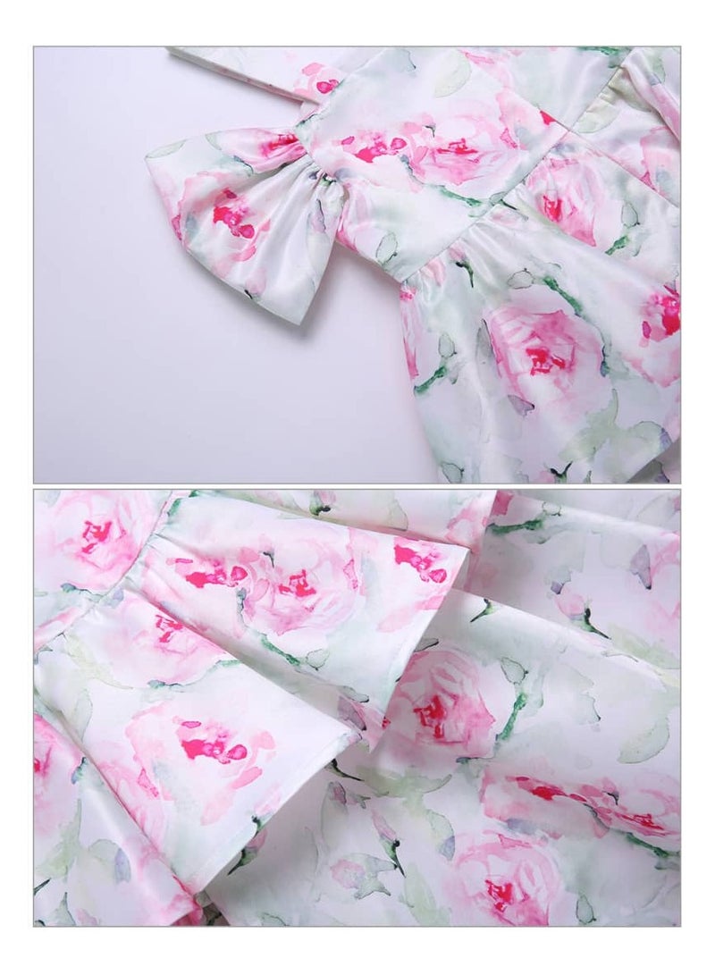 Spanish dress, a set for girls, Spanish design, with a soft pink and green floral hairband, layers with off-the-shoulder sleeves and a strap, in bright colors for Eid, special occasions and National Day set Two pieces  - Image 5