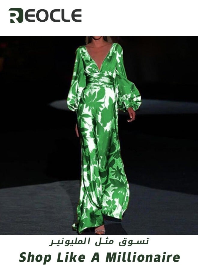 ريوكل فستان نسائي بأكمام طويلة ورقبة على شكل حرف V عميق وخصر مرتفع وفستان ماكسي مطبوع وفستان بوهو صيفي فضفاض فريد من نوعه - Image 2