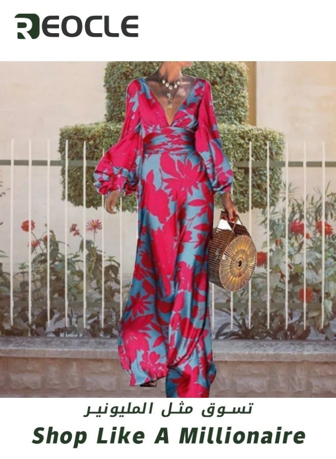 ريوكل فستان نسائي بأكمام طويلة ورقبة على شكل حرف V عميق وخصر مرتفع وفستان ماكسي مطبوع وفستان بوهو صيفي فضفاض فريد من نوعه - Image 4