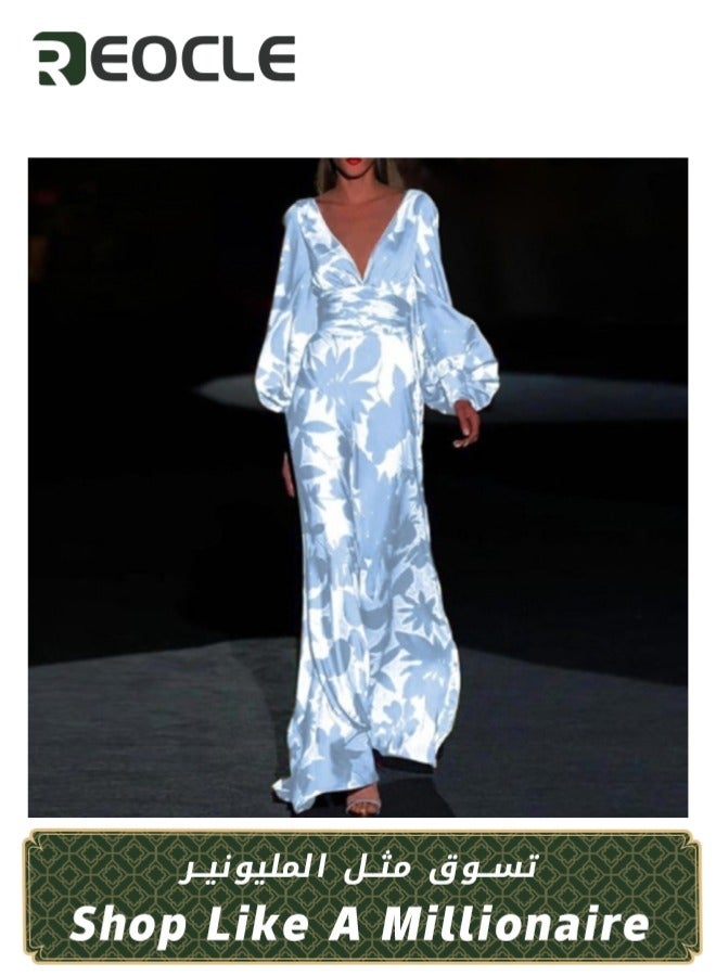 ريوكل فستان نسائي بأكمام طويلة ورقبة على شكل حرف V عميق وخصر مرتفع وفستان ماكسي مطبوع وفستان بوهو صيفي فضفاض فريد من نوعه - Image 1