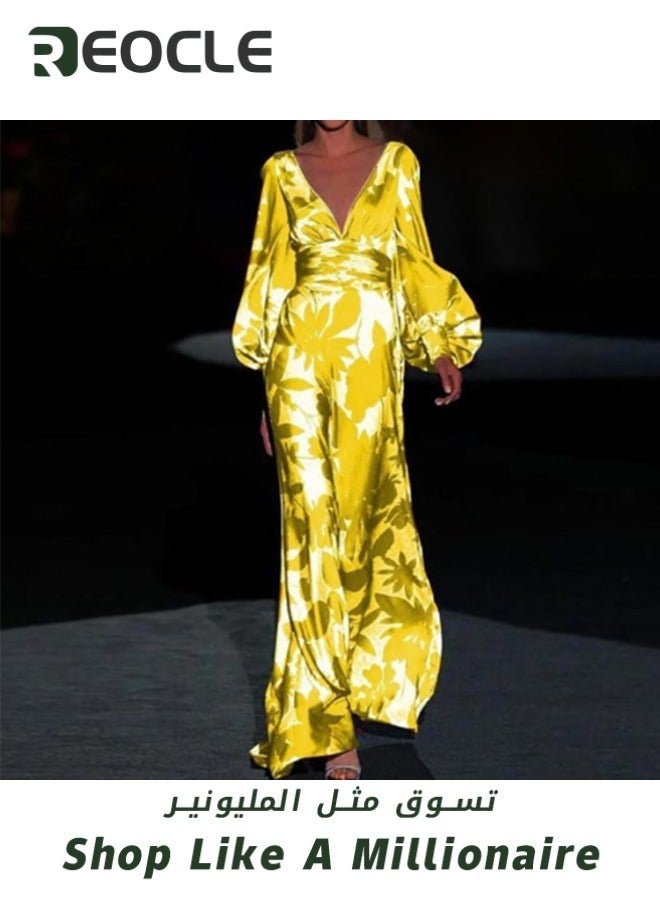 ريوكل فستان نسائي بأكمام طويلة ورقبة على شكل حرف V عميق وخصر مرتفع وفستان ماكسي مطبوع وفستان بوهو صيفي فضفاض فريد من نوعه - Image 3