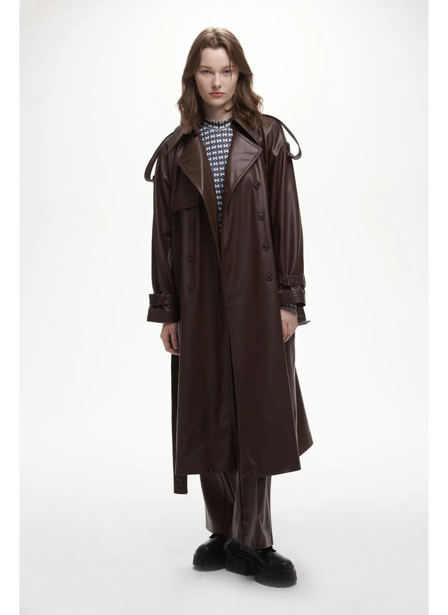 Manuka Leather Double Breasted Trench Coat Brown