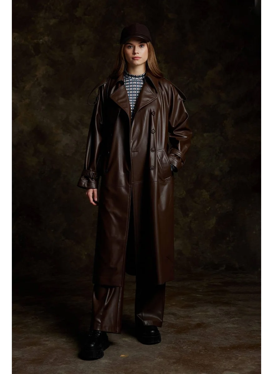 Manuka Leather Double Breasted Trench Coat Brown