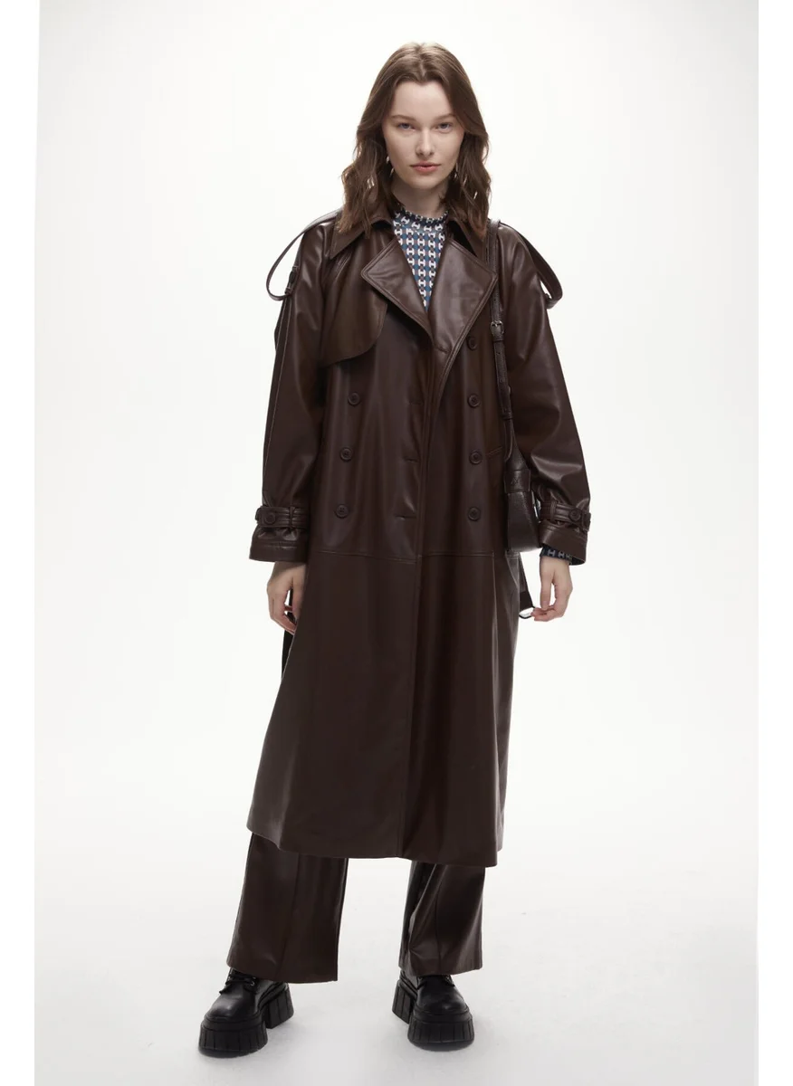 Manuka Leather Double Breasted Trench Coat Brown