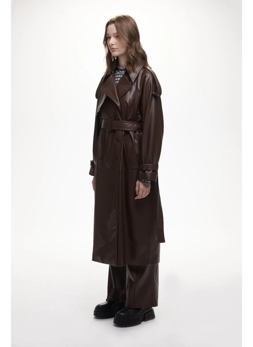 Manuka Leather Double Breasted Trench Coat Brown