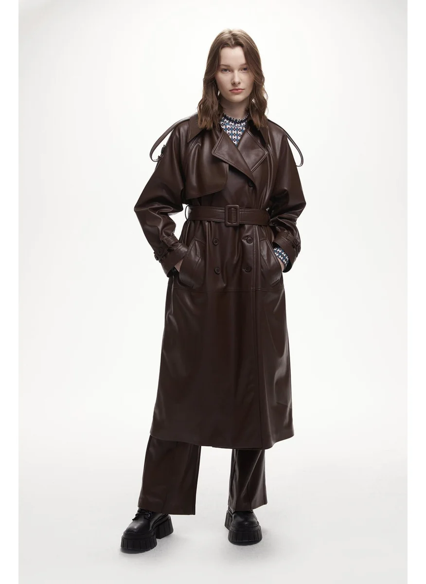 Manuka Leather Double Breasted Trench Coat Brown