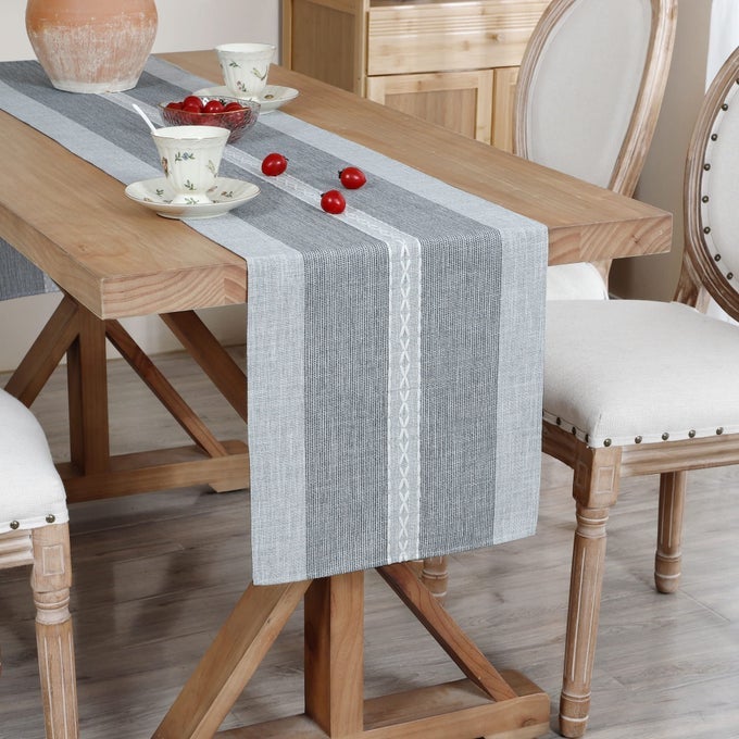 FARMHOUSE BRAIDED STRIPED TABLE RUNNER RUSTIC EMBROIDERY COFFEE TABLE RUNNERS FOR DECORATIONS WEDDINGS HOLIDAY GREY 13X36INCH