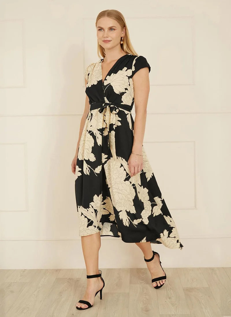 Yumi Yumi Black Blossom Print Wrap Midi With Dipped Hem