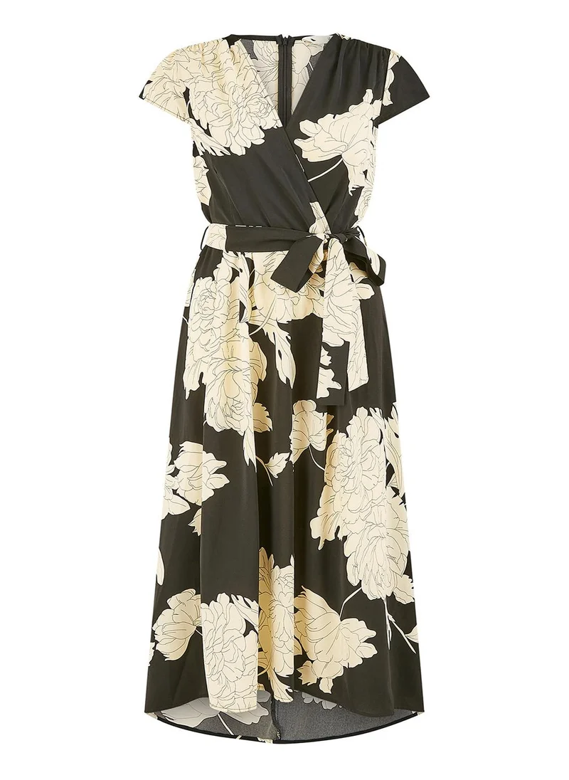 Yumi Yumi Black Blossom Print Wrap Midi With Dipped Hem
