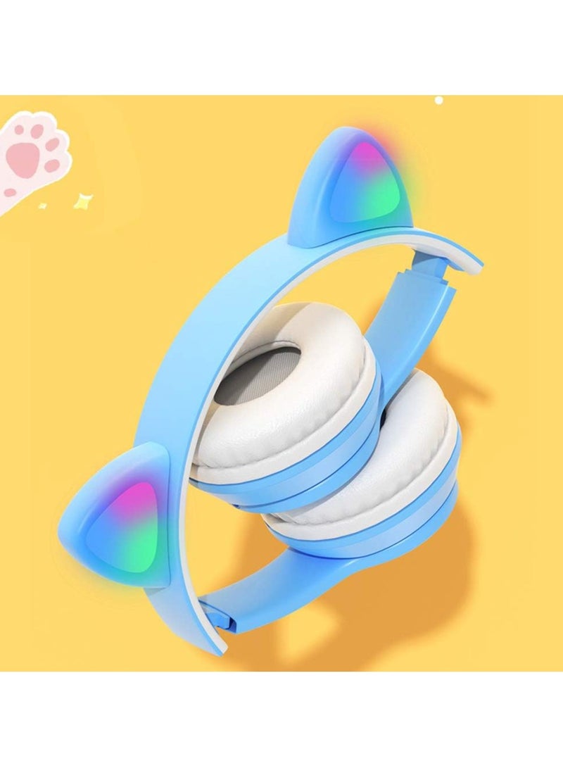 P47 Wireless Bluetooth Headphones P47M (CAT) with Microphone for Kids and Adults,Stereo Cat Ear Design with LED Light and Foldable Memory Card Slot for Girls and Boys - BUBBLE BLUE - Image 3