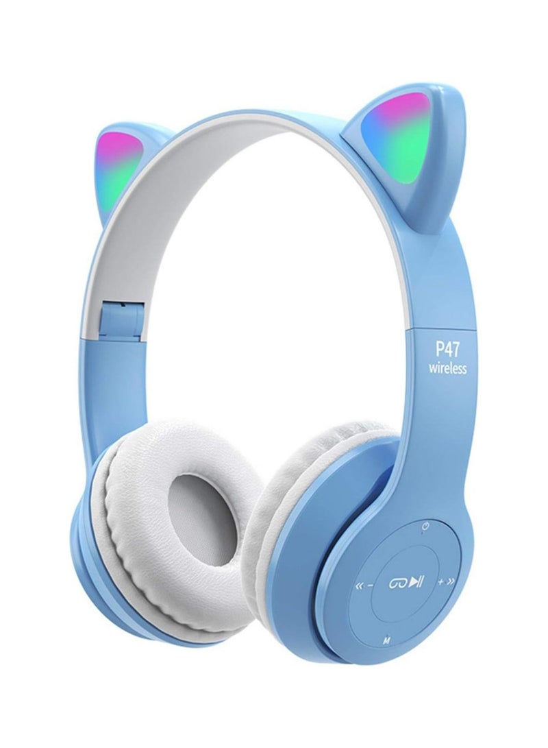 P47 Wireless Bluetooth Headphones P47M (CAT) with Microphone for Kids and Adults,Stereo Cat Ear Design with LED Light and Foldable Memory Card Slot for Girls and Boys - BUBBLE BLUE - Image 1