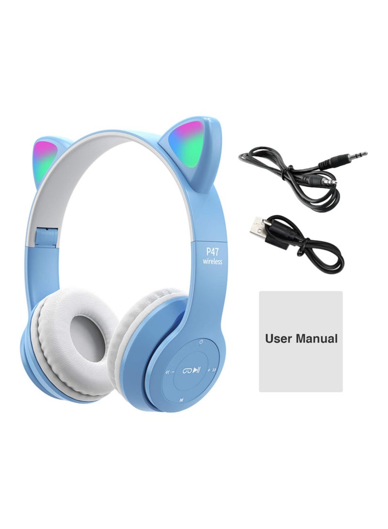 P47 Wireless Bluetooth Headphones P47M (CAT) with Microphone for Kids and Adults,Stereo Cat Ear Design with LED Light and Foldable Memory Card Slot for Girls and Boys - BUBBLE BLUE - Image 2