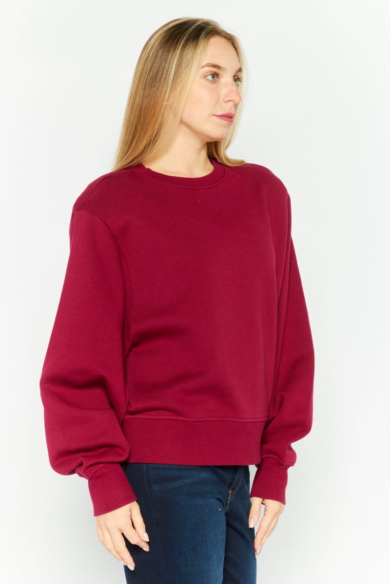 WSLY Women Crew Neck Long Sleeves Plain Sweatshirts, Maroon - Image 2