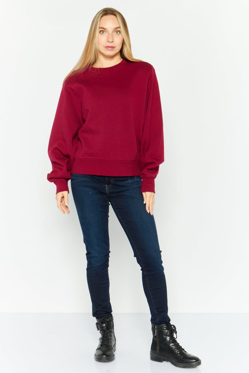 WSLY Women Crew Neck Long Sleeves Plain Sweatshirts, Maroon - Image 3