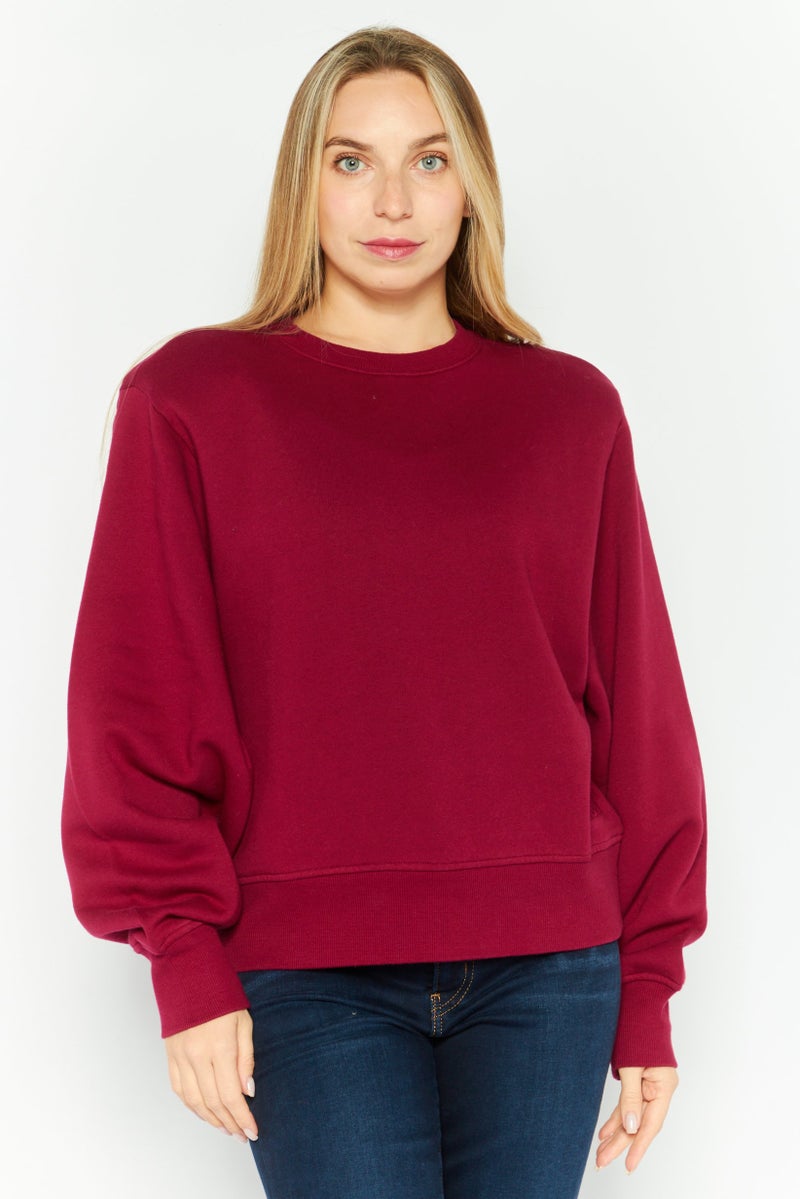 WSLY Women Crew Neck Long Sleeves Plain Sweatshirts, Maroon - Image 1