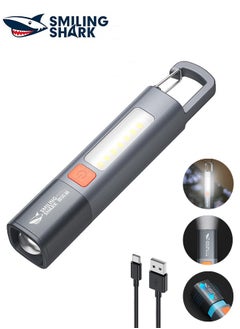 SMILING SHARK Portable Torch LED Work Light, 1200mAh, COB Side G1 Flash Light, 3 Modes Zoomable Focus White Waterproof Powerful Super Bright EDC, Outdoor Emergency, Mini-Rechargeable, Camping Flashlight (Gray)  - Image 1