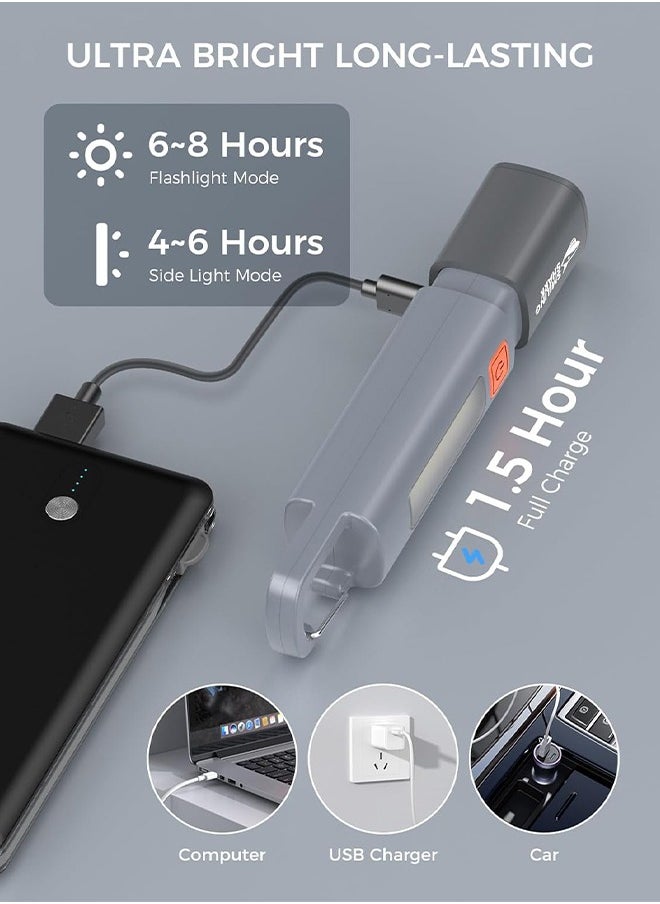SMILING SHARK - Portable Torch LED Work Light, 1200mAh, COB Side G1 Flash Light, 3 Modes Zoomable Focus White Waterproof Powerful Super Bright EDC, Outdoor Emergency, Mini-Rechargeable, Camping Flashlight (Gray) - Image 1