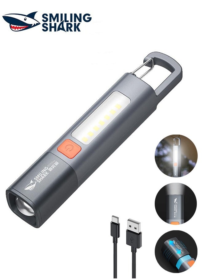 SMILING SHARK Portable Torch LED Work Light, 1200mAh, COB Side G1 Flash Light, 3 Modes Zoomable Focus White Waterproof Powerful Super Bright EDC, Outdoor Emergency, Mini-Rechargeable, Camping Flashlight (Gray)  - Image 1