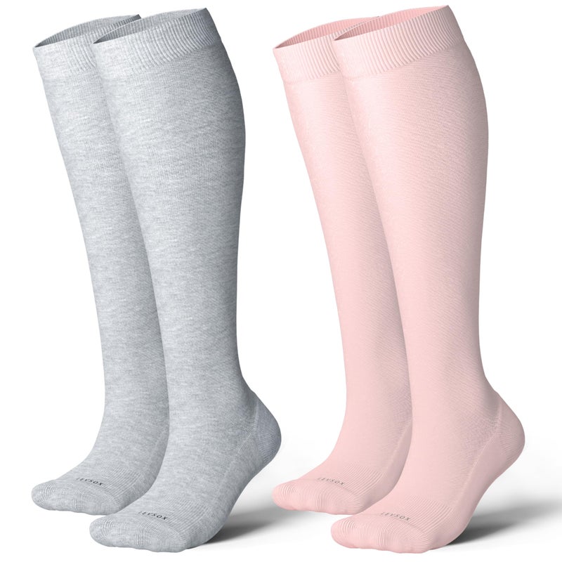LEVSOX Extra Thick Cotton Compression Socks for Women&Men 20-30mmHg Knee High Cute Fun Support Sock for Nurses, Travel and Flight, Pregnancy, 2 Pairs, Grey, Pink - Image 1