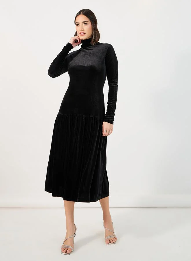Styli Velvet Look Drop Waist A-Line Midi Dress