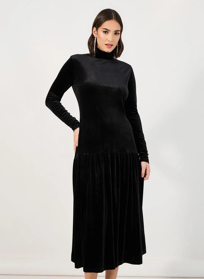 Styli Velvet Look Drop Waist A-Line Midi Dress