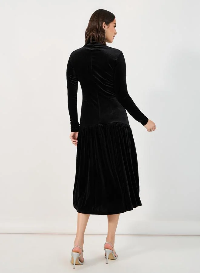 Styli Velvet Look Drop Waist A-Line Midi Dress