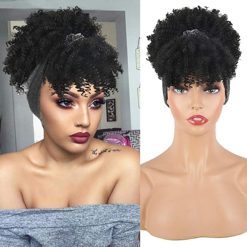 Aisaide Gray Headband Wigs for Black WomenAfro Headband Wig Synthetic Short Curly Wigs Afro Kinky Curly Black Wig with Bangs Wrap Wigs 2 in 1 Head Wrap Wig with Headband Attached Turban Wig
