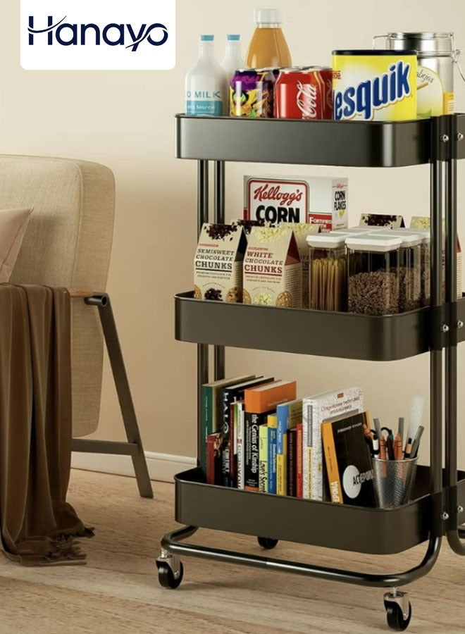 Hanayo 3-Tier Roller Cart Utility Storage Cart with Wheels Handle Multifunction Large Storage Shelves Organizer with Basket Multifunction Storage Rack Serving Cart for Kitchen Bathroom Office Living Room(Black) - Image 1