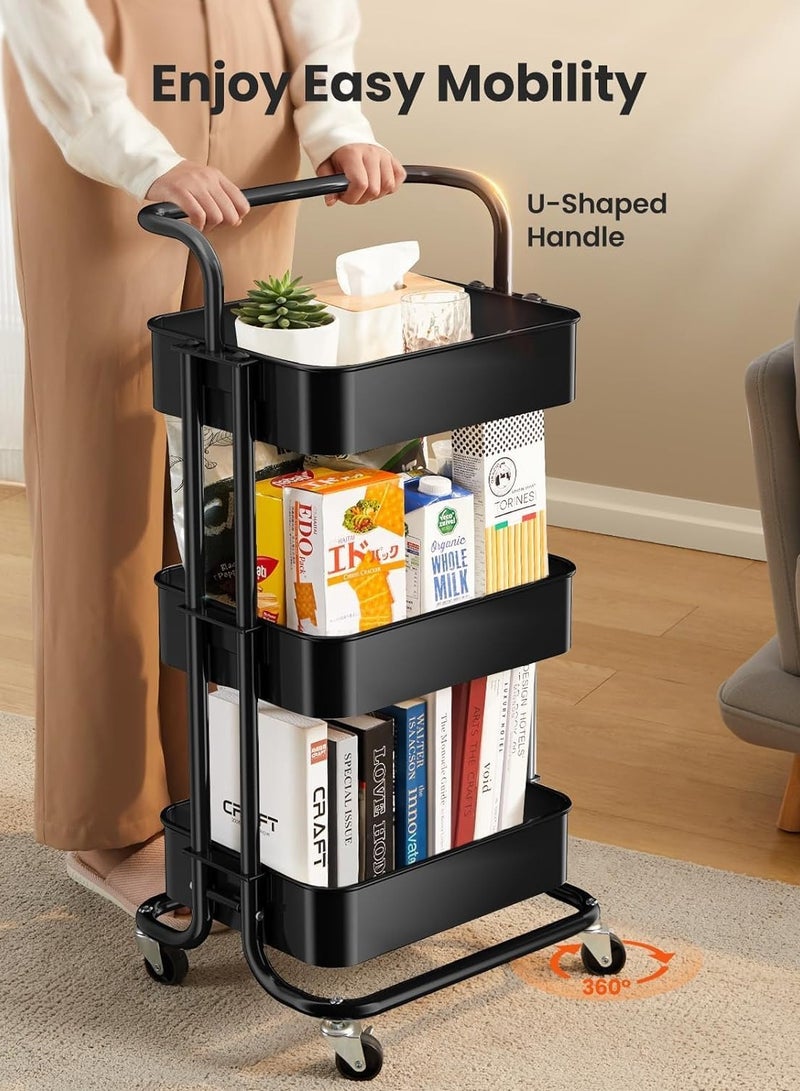 Hanayo 3-Tier Roller Cart Utility Storage Cart with Wheels Handle Multifunction Large Storage Shelves Organizer with Basket Multifunction Storage Rack Serving Cart for Kitchen Bathroom Office Living Room(Black) - Image 2