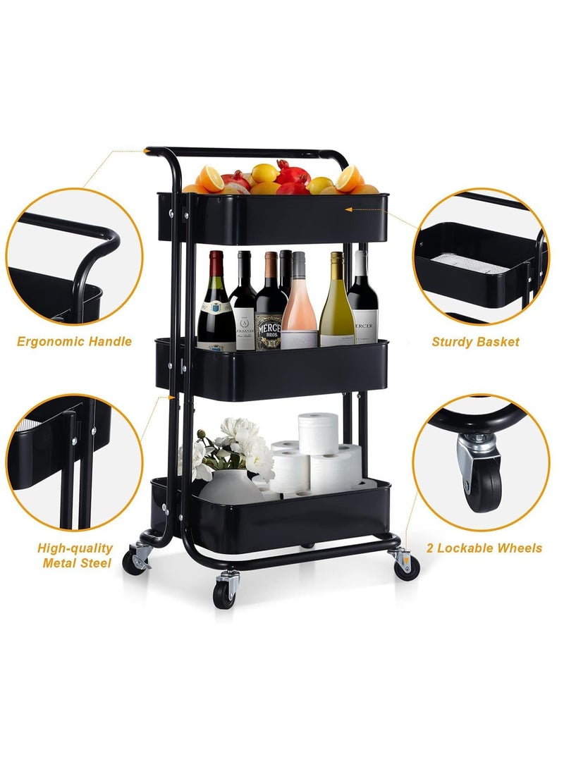 Hanayo 3-Tier Roller Cart Utility Storage Cart with Wheels Handle Multifunction Large Storage Shelves Organizer with Basket Multifunction Storage Rack Serving Cart for Kitchen Bathroom Office Living Room(Black) - Image 3