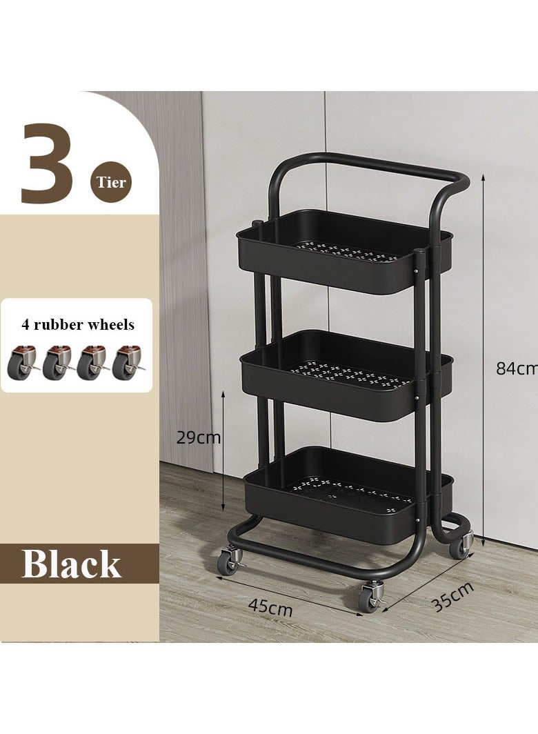 Hanayo 3-Tier Roller Cart Utility Storage Cart with Wheels Handle Multifunction Large Storage Shelves Organizer with Basket Multifunction Storage Rack Serving Cart for Kitchen Bathroom Office Living Room(Black) - Image 4