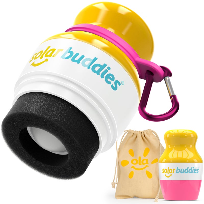 Solar Buddies Pink Bag Bundle Solar Buddies Refillable Roll On Sunscreen Suncream Applicator Bag Bundle With Applicator Carabina Clip For Families, Kids, Adults, Travel Set, With A Free Sticker Pack (Pink) - Image 1