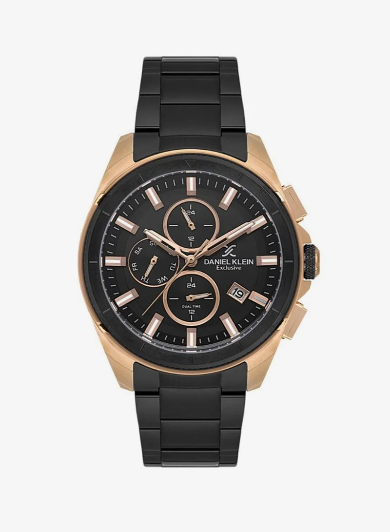 DANIEL KLEIN Men's Stainless Steel Rose Gold and Black Alloy Case Analog Black Round Sunray Dial Japanese Quartz Exclusive 50 Meters Water Resistant