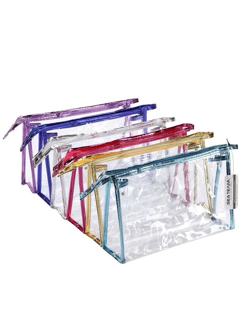 Sea Team - Sea Team 6-Pack Transparent Waterproof Cosmetic Bags with Zipper, Clear Vinyl Plastic Makeup Bags, Portable Travel Toiletry Pouch, Organizer, Pencil Case (Colorful, Large/10.4") - Image 1