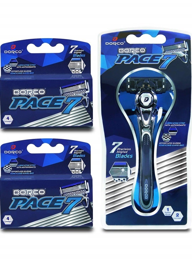 Dorco Pace 7 - Shaving Razor System for Men with Seven Curved Blades - Value Pack (10 Cartridges + 1 Handle)