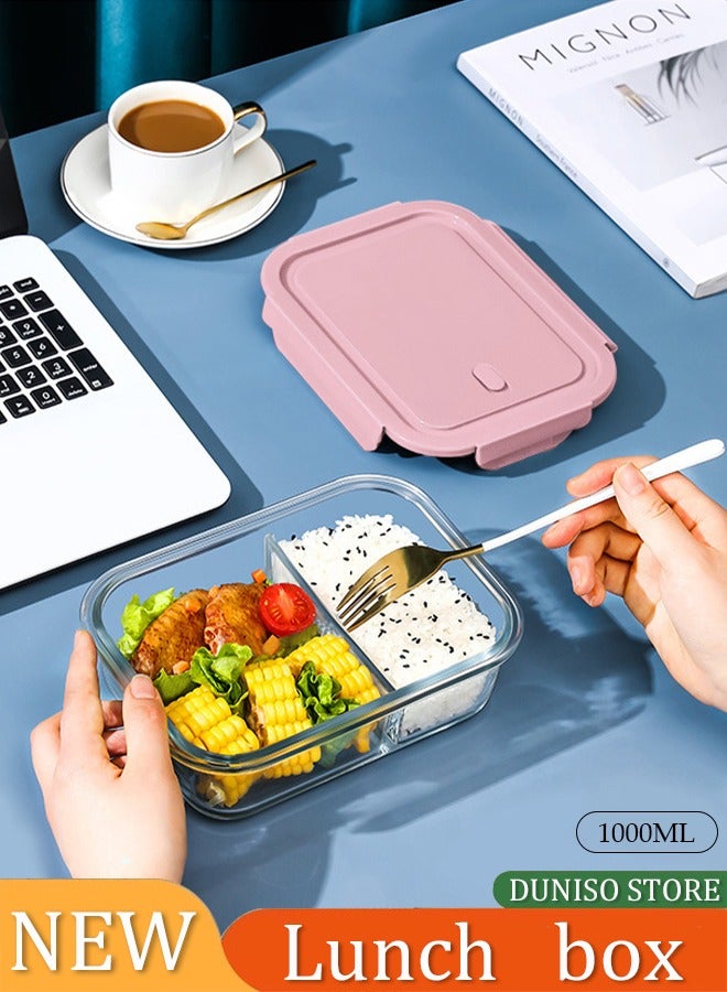 DUNISO Glass Meal Prep Containers，Leak Proof Lunch Box，Food Storage Containers with Lids，with 2 Compartment，for Microwave, Oven, Freezer and Dishwasher, BPA Free，1000ML，Pink - Image 1