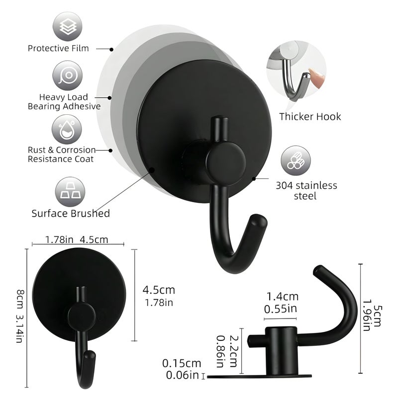 JIALTO 6 pcs Self-Adhesive Stainless Steel Hooks: Heavy-Duty Wall Hanging Solution for Bathroom & Kitchen - Waterproof, Drill-Free, Strong Coat/Towel Wall Hooks (Big Round Black Hook) - Image 2