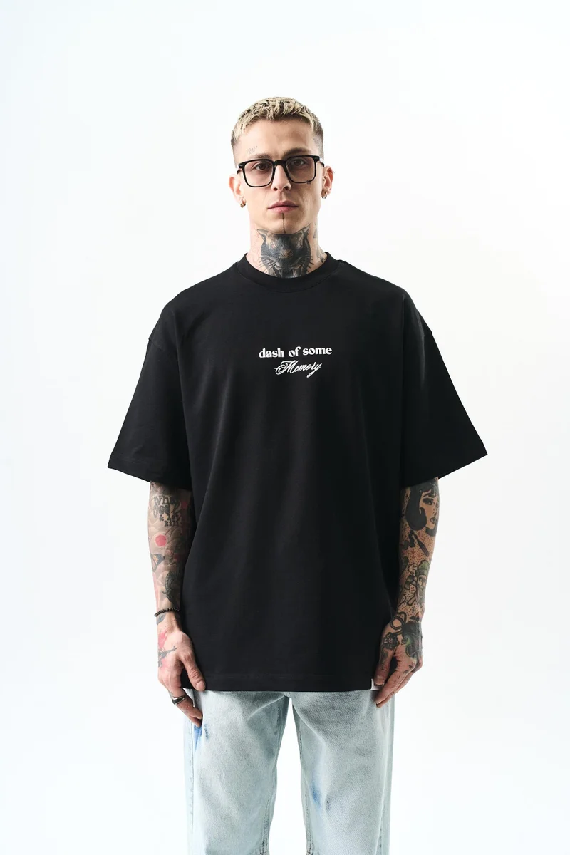 ريسباير تي شيرت رجالي مقاس كبير (Oversize) بطبعة "Memory"، أسود