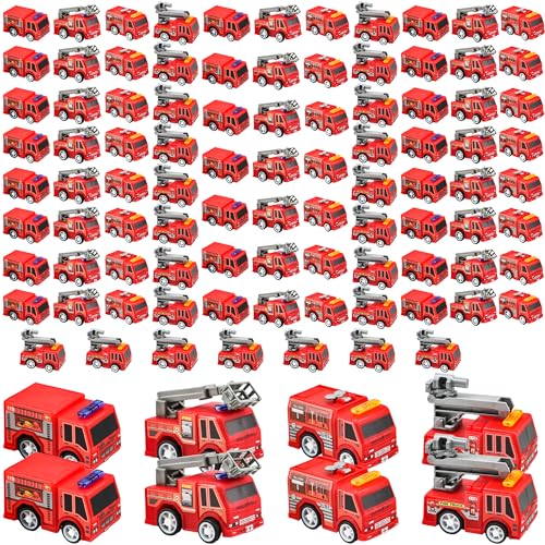 Conagel 100 Pcs Mini Pullback Fire Truck Toy Small Pull Back Firetrucks Toy Bulk Plastic Fire and Emergency Toy Trucks Set for Kids Fireman Party Favors 4 Styles - Image 1