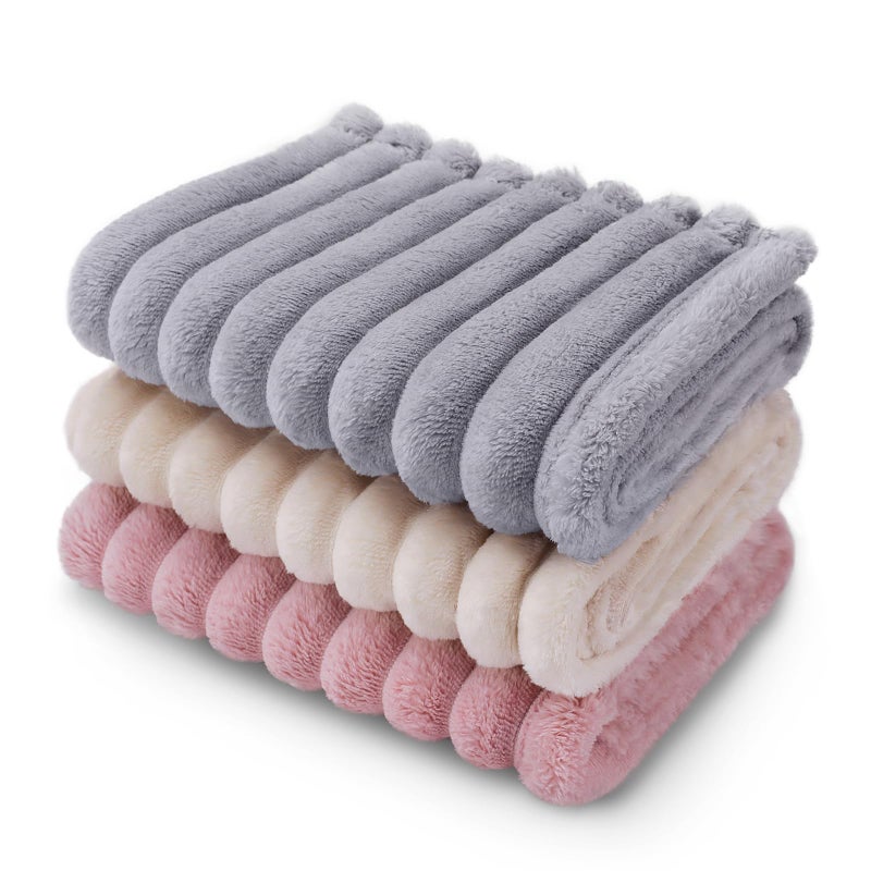 LINENLUX 1 Pack 3 Soft Fleece Dog Blanket for Pet Washable Warm Cat Puppy Fluffy Calming Flannel Beige/Pink/Grey Small - Image 1