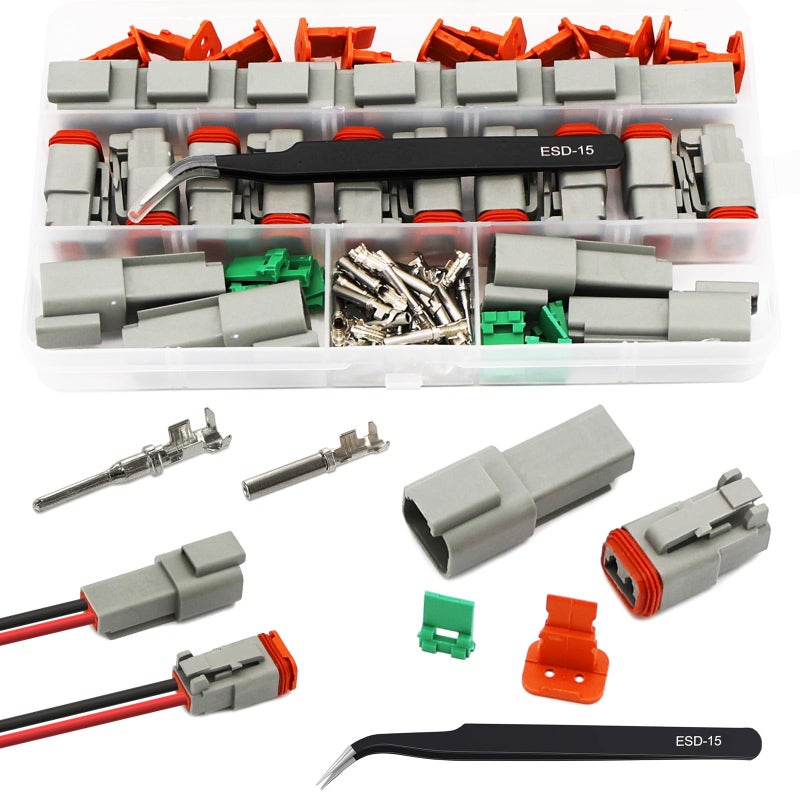 Twippo 2 Pin Deutsch Connector Kit 10 Sets Gray DT Connector Kit 2 Pin Automotive Waterproof Wire Connectors Electrical Connectors Kit with 16 Stamped Contacts for Car RV Truck Wiring 2216AWG