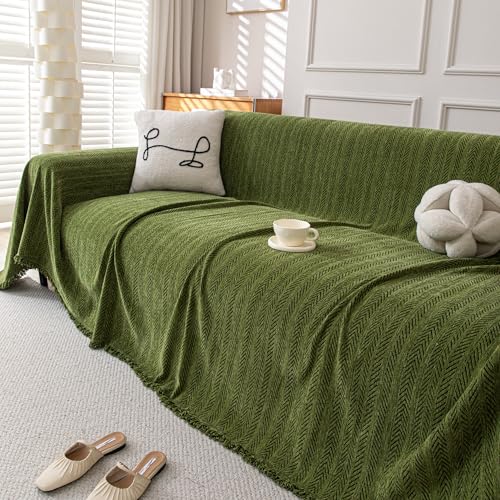 KaviKon Boho Chenille Couch Cover for Dogs, Non Slip Sofa Cover, Couch Slipcover Covers for 3 Cushion, Furniture Protector with Tassels for Pets Washable, 71"x118", Fishbone Green - Image 5
