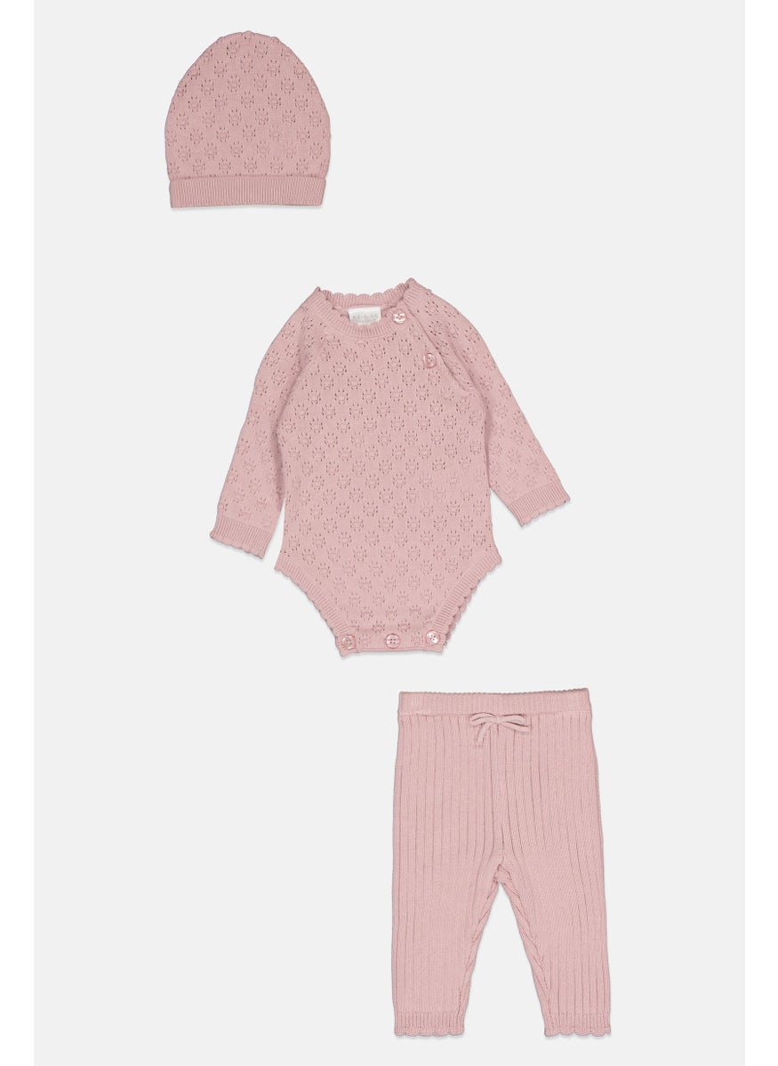 Rock-A-Bye Baby Boutique Toddlers Girl 3 Pieces Knitted Bodysuit And Tights With Cap Set, Rose Gold  - Image 2