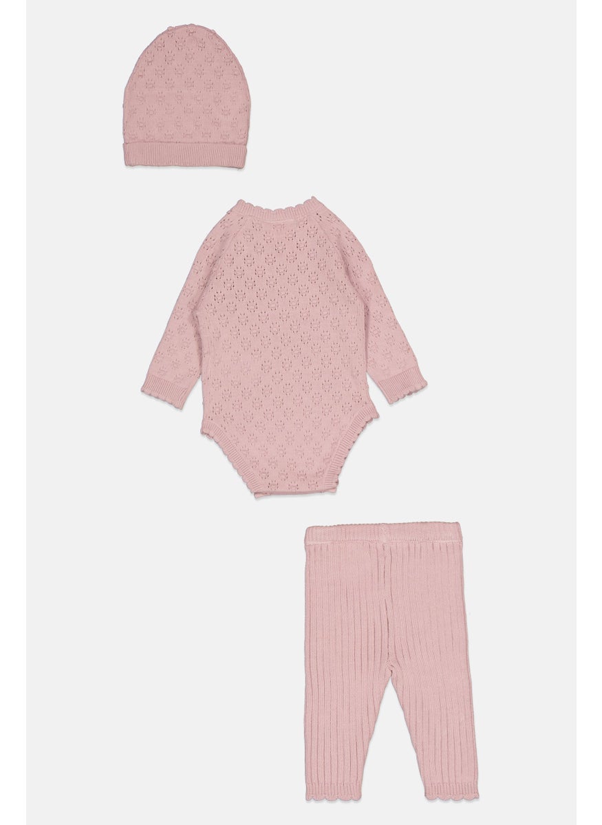 Rock-A-Bye Baby Boutique Toddlers Girl 3 Pieces Knitted Bodysuit And Tights With Cap Set, Rose Gold  - Image 1