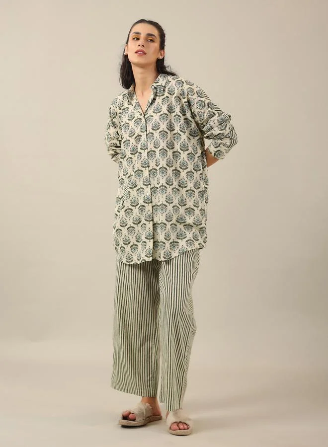 sanskrutihomes sanskrutihomes Women Green Ethnic Motifs Printed Cotton Shirt and Pyjama Set