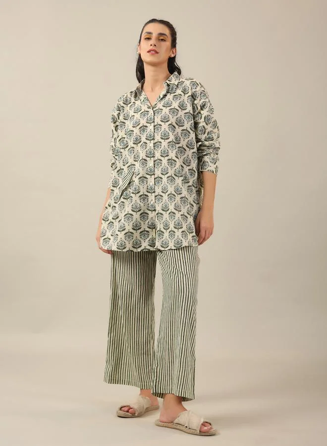 sanskrutihomes sanskrutihomes Women Green Ethnic Motifs Printed Cotton Shirt and Pyjama Set