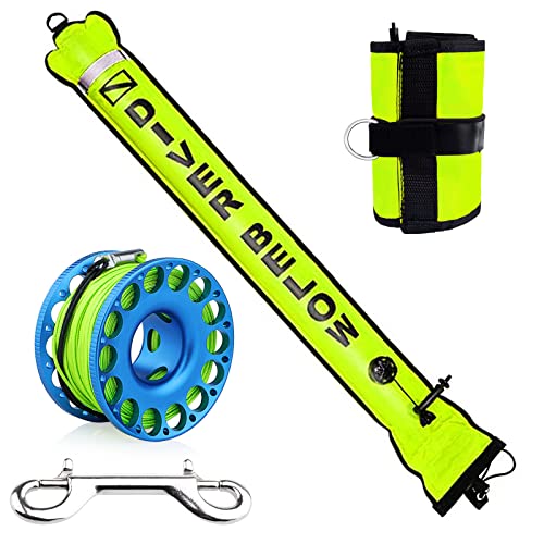 Seafard 5ft Yellow Scuba Diving Open Bottom Surface Marker Buoy (SMB) with 98ft Finger Spool Alloy Dive Reel and Double Ended Bolt Clip Blue - Image 1