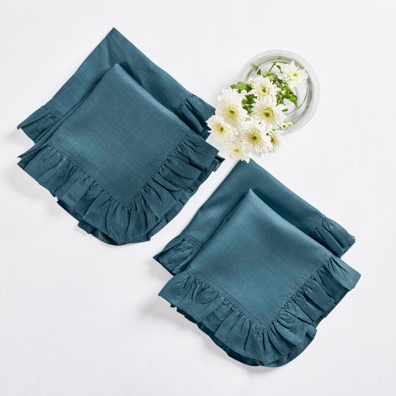 Solino Home Solino Home Linen Ruffle Dinner Napkins 20 x 20 Inch - 100% Pure Linen Peacock Blue Cloth Napkins Set of 4 - Gabrielle Ruffle  Handcrafted and Machine Washable Fabric  - Image 1